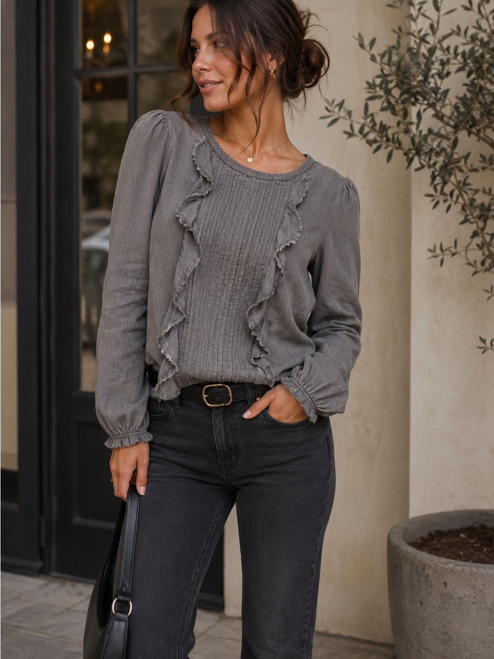 Ag Adriano Goldschmied Gray Ruffle-Front Pintuck Blouse